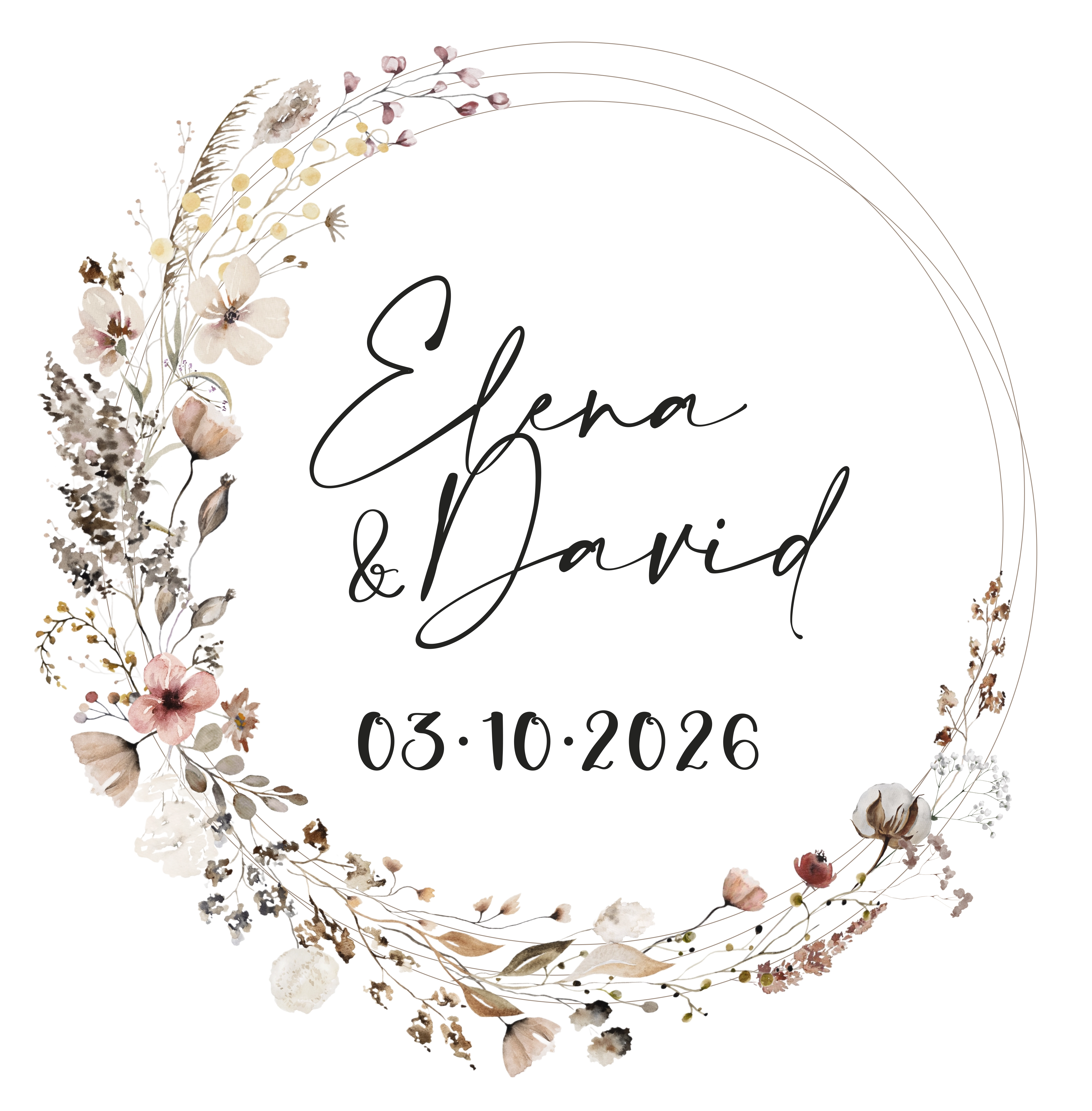 Sello floral con los nombres Elena y David y la fecha 03-10-2026